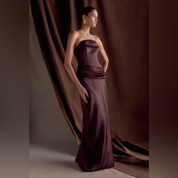 Jasmine Strapless Satin Maxi Dress - Chocolate Brown - Picture 2 of 6